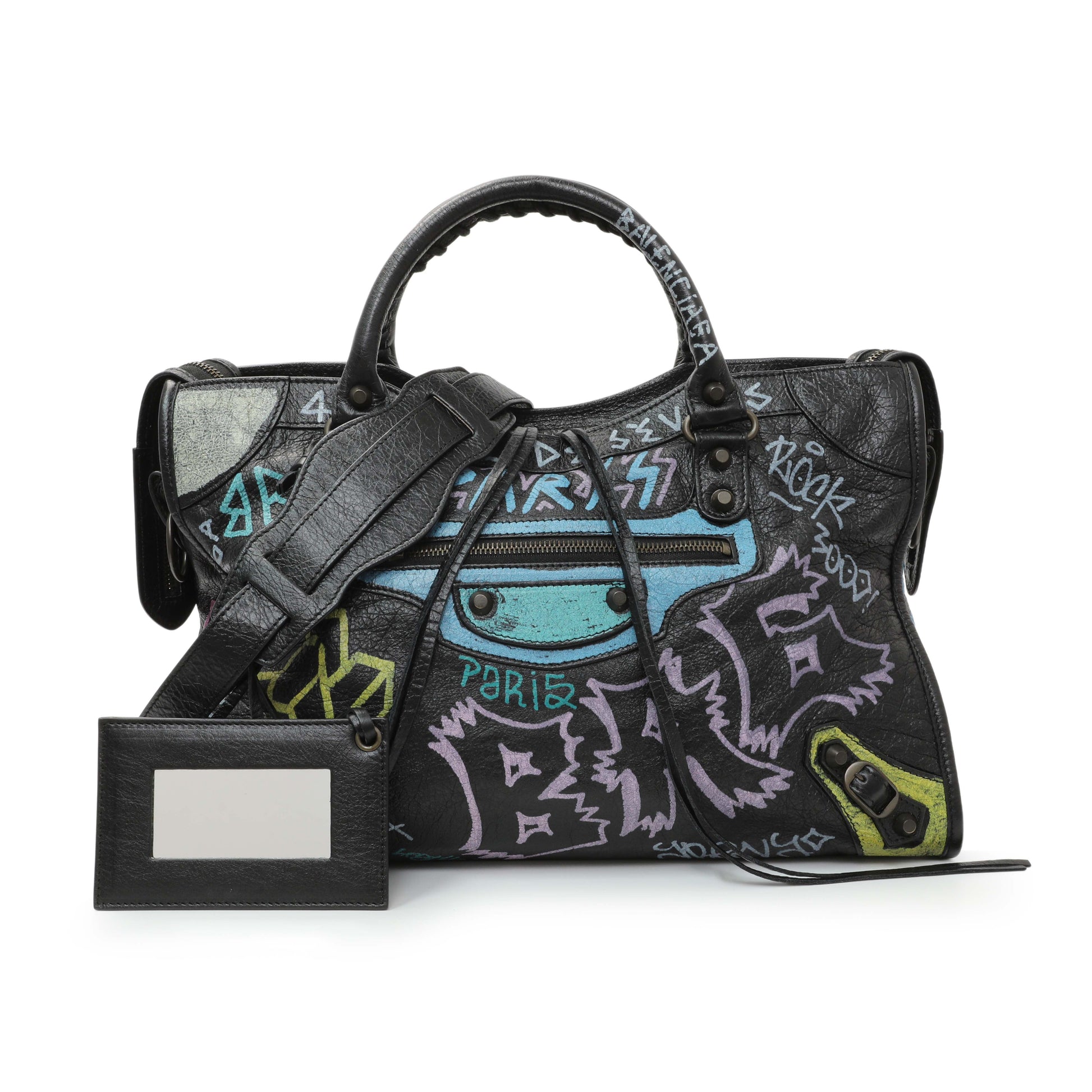 Exclusive Balenciaga Black Agneau Graffiti All Over Classic Hardware City — Front View