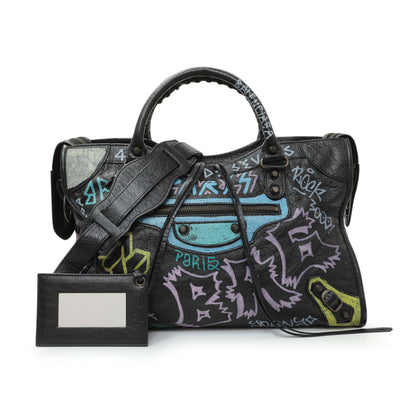 Exclusive Balenciaga Black Agneau Graffiti All Over Classic Hardware City — Front View