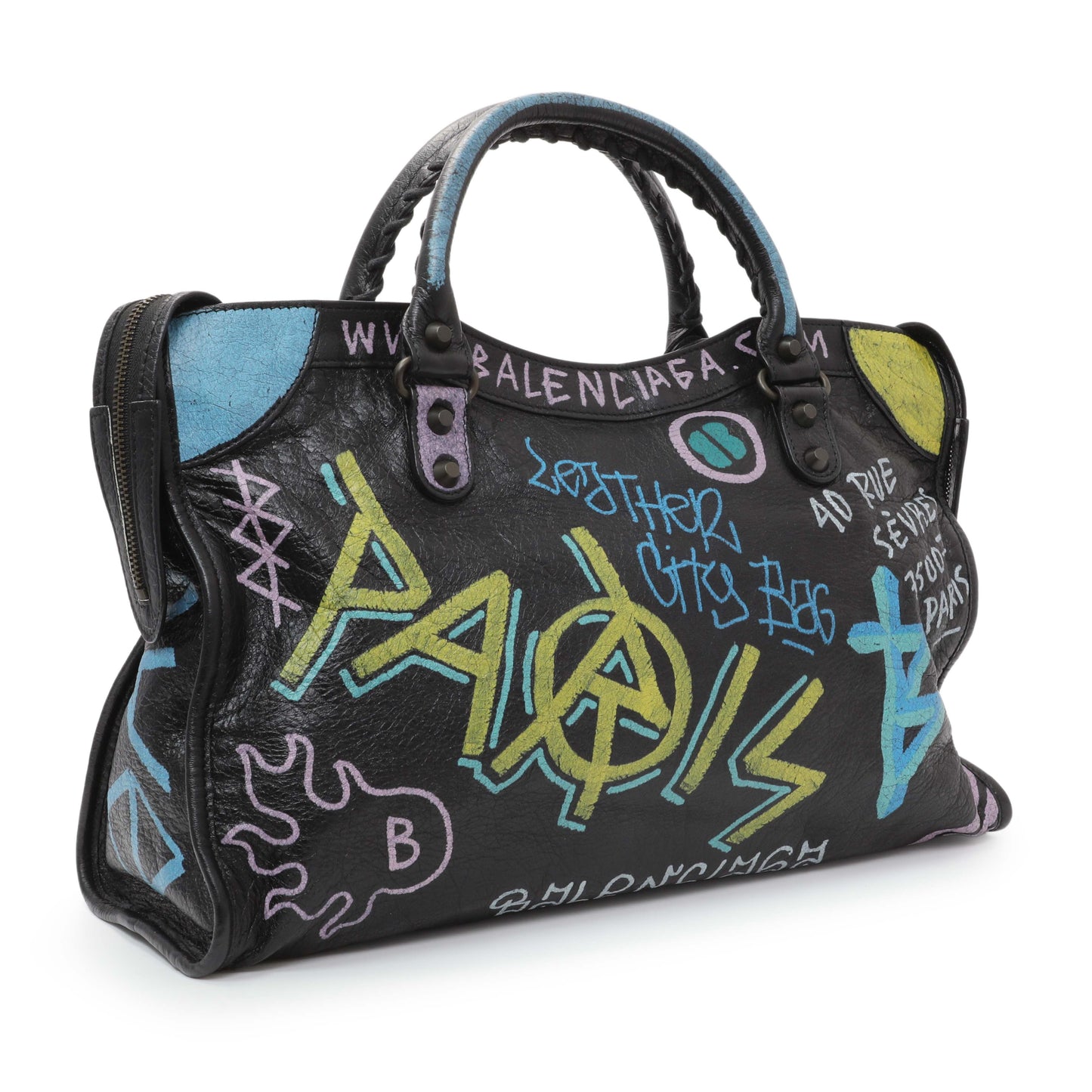 Exclusive Balenciaga Black Agneau Graffiti All Over Classic Hardware City — Side View