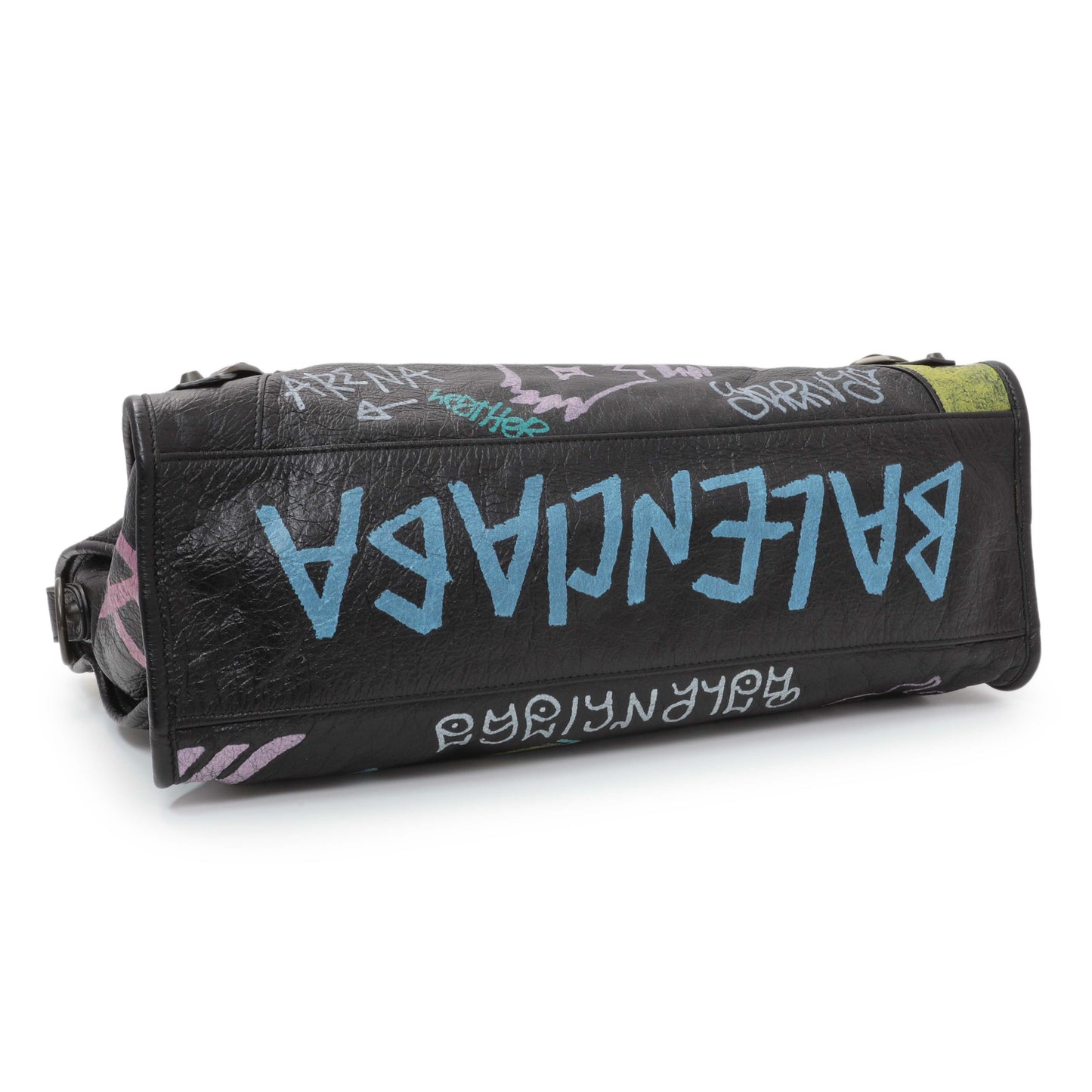 Exclusive Balenciaga Black Agneau Graffiti All Over Classic Hardware City — Back View