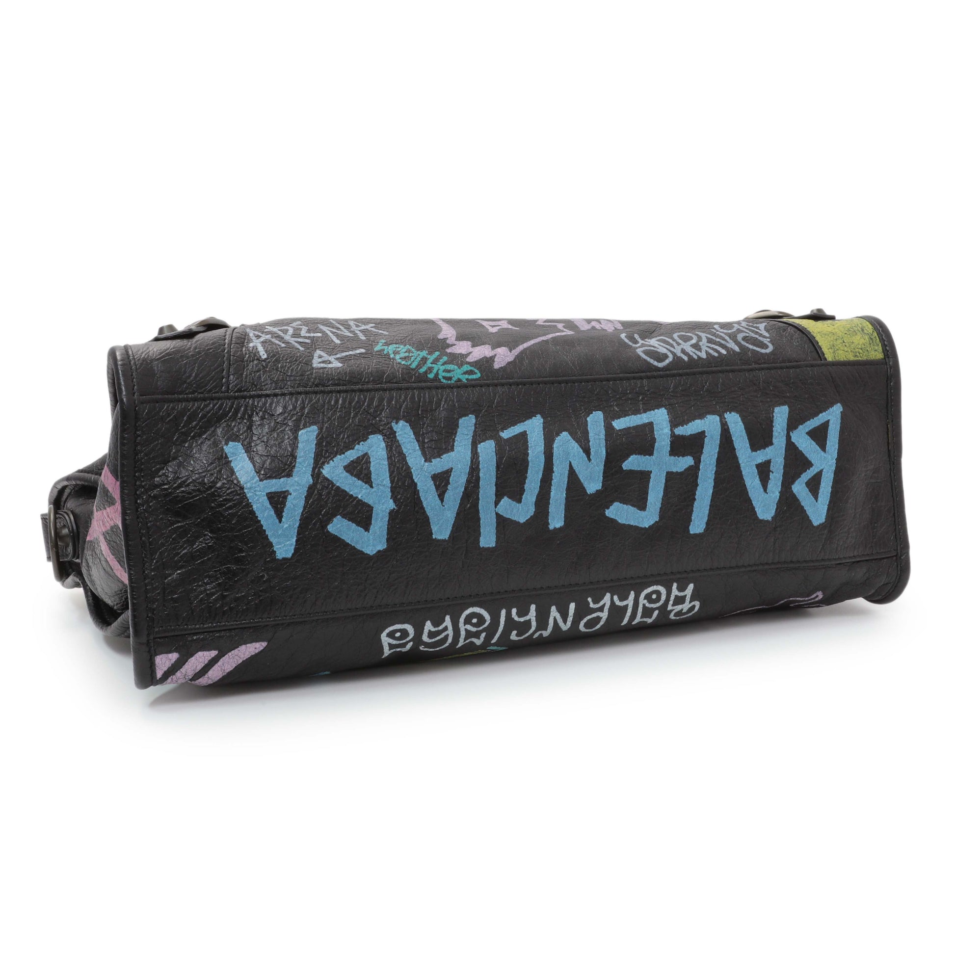 Exclusive Balenciaga Black Agneau Graffiti All Over Classic Hardware City — Back View