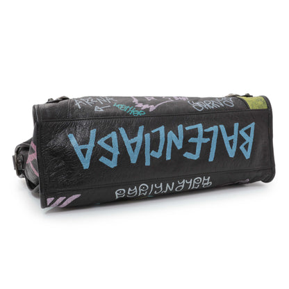 Exclusive Balenciaga Black Agneau Graffiti All Over Classic Hardware City — Back View