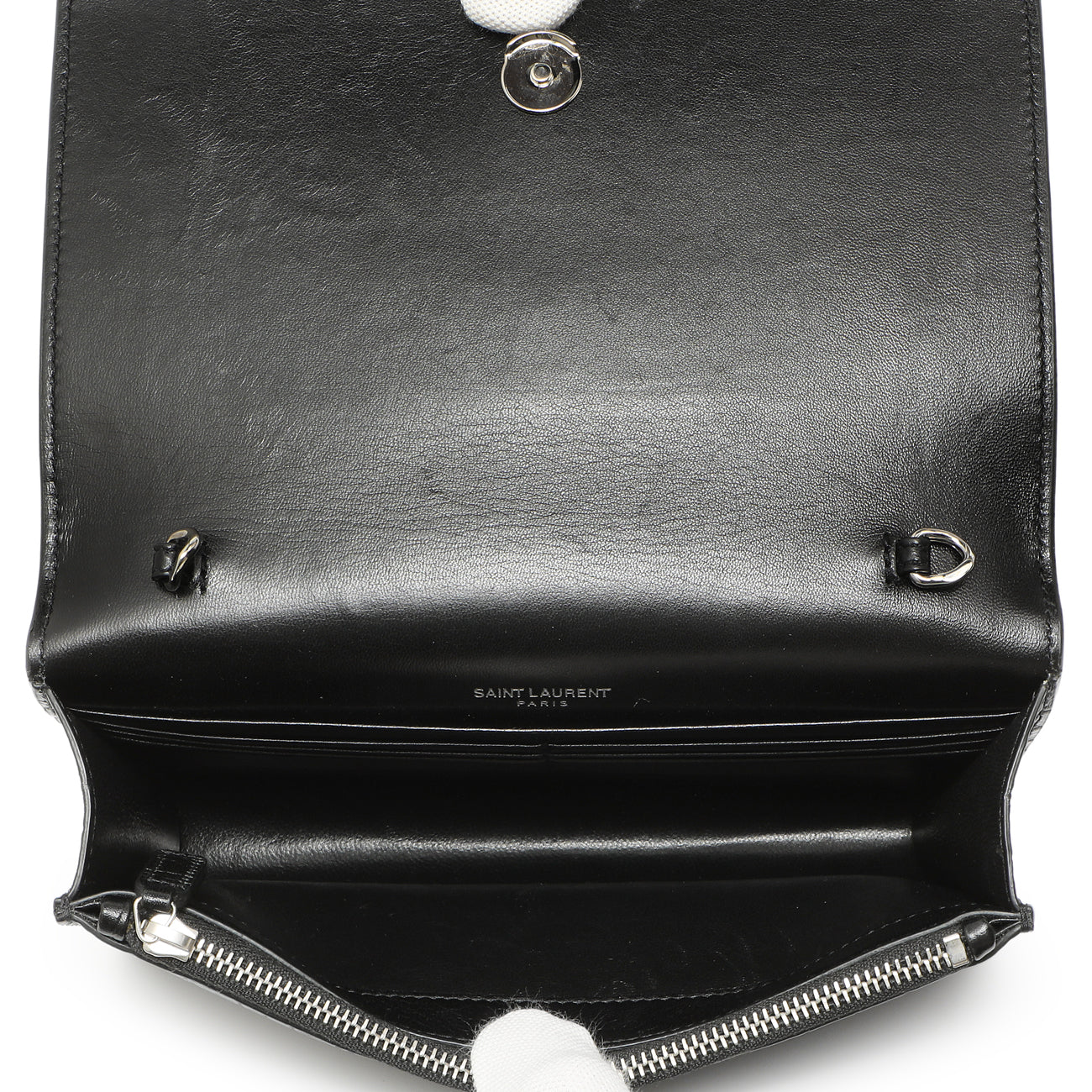 Exclusive Saint Laurent Black Crocodile Embossed Calfskin Kate Monogram Tassel Chain Wallet — Top View