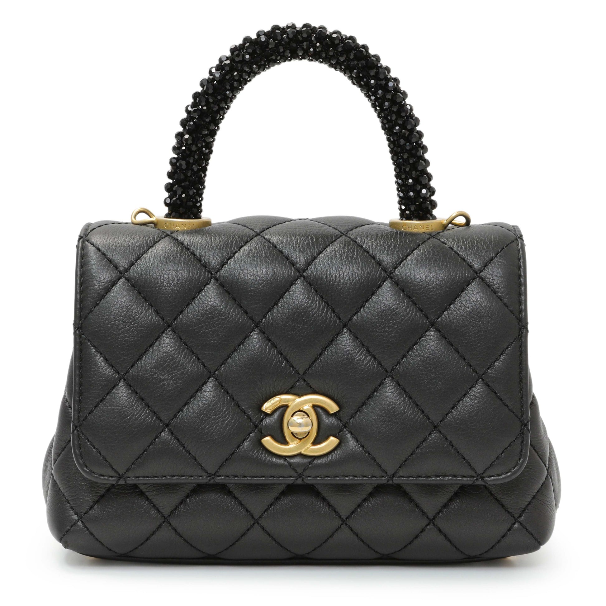 Exclusive Chanel Black Quilted Goatskin Extra Mini Coco Handle Flap — Front View