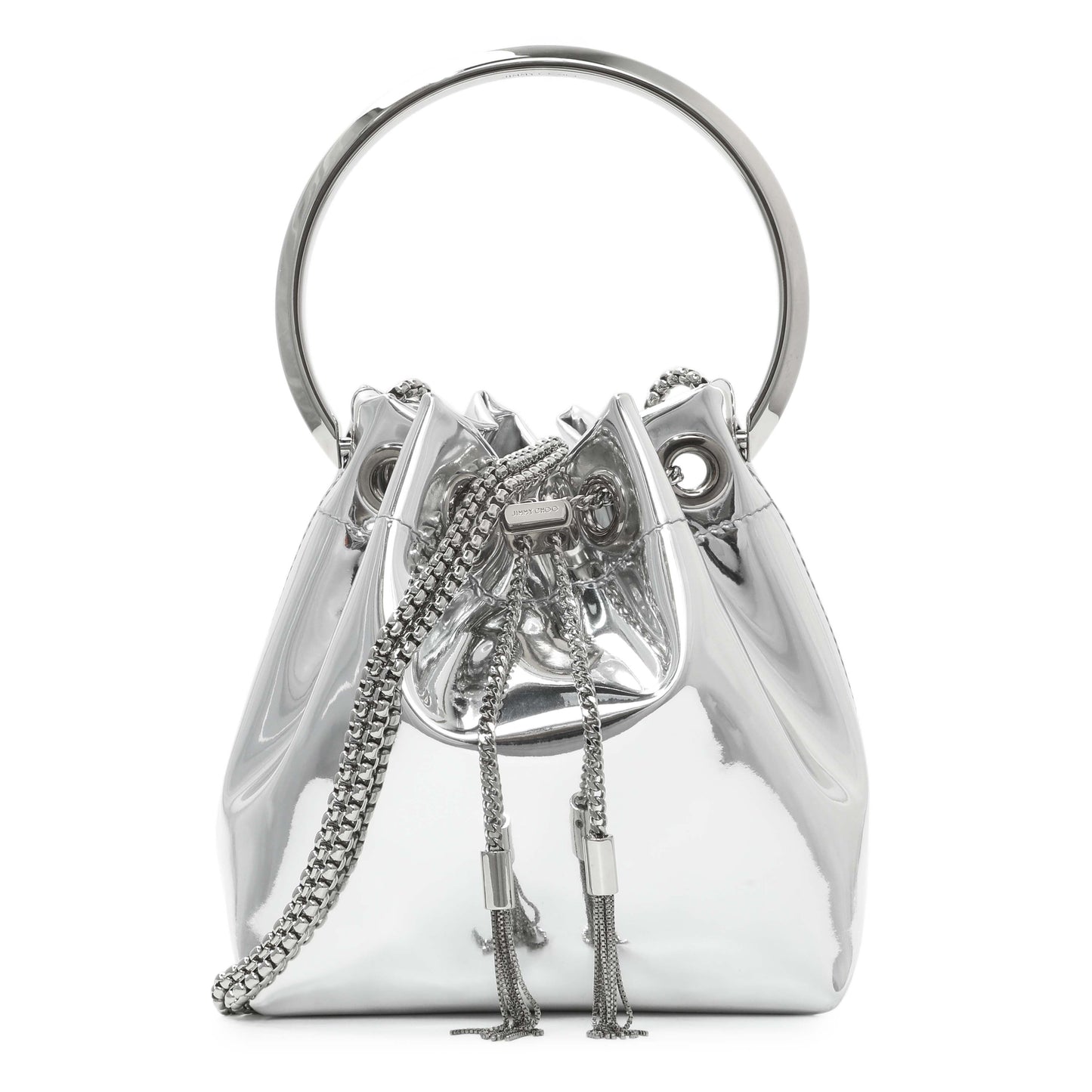 Exclusive Jimmy Choo Silver Bon Bon Mirror Fabric Mini Bag with Metal Handle — Front View