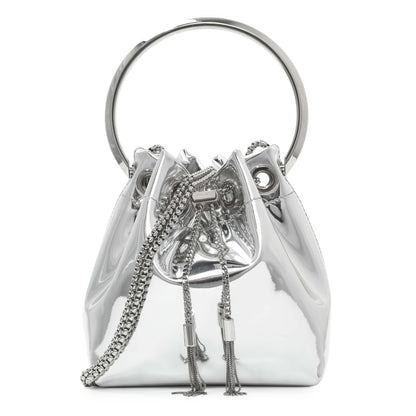 Exclusive Jimmy Choo Silver Bon Bon Mirror Fabric Mini Bag with Metal Handle — Front View