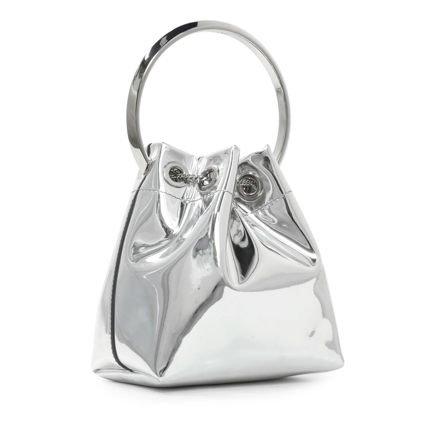 Exclusive Jimmy Choo Silver Bon Bon Mirror Fabric Mini Bag with Metal Handle — Side View