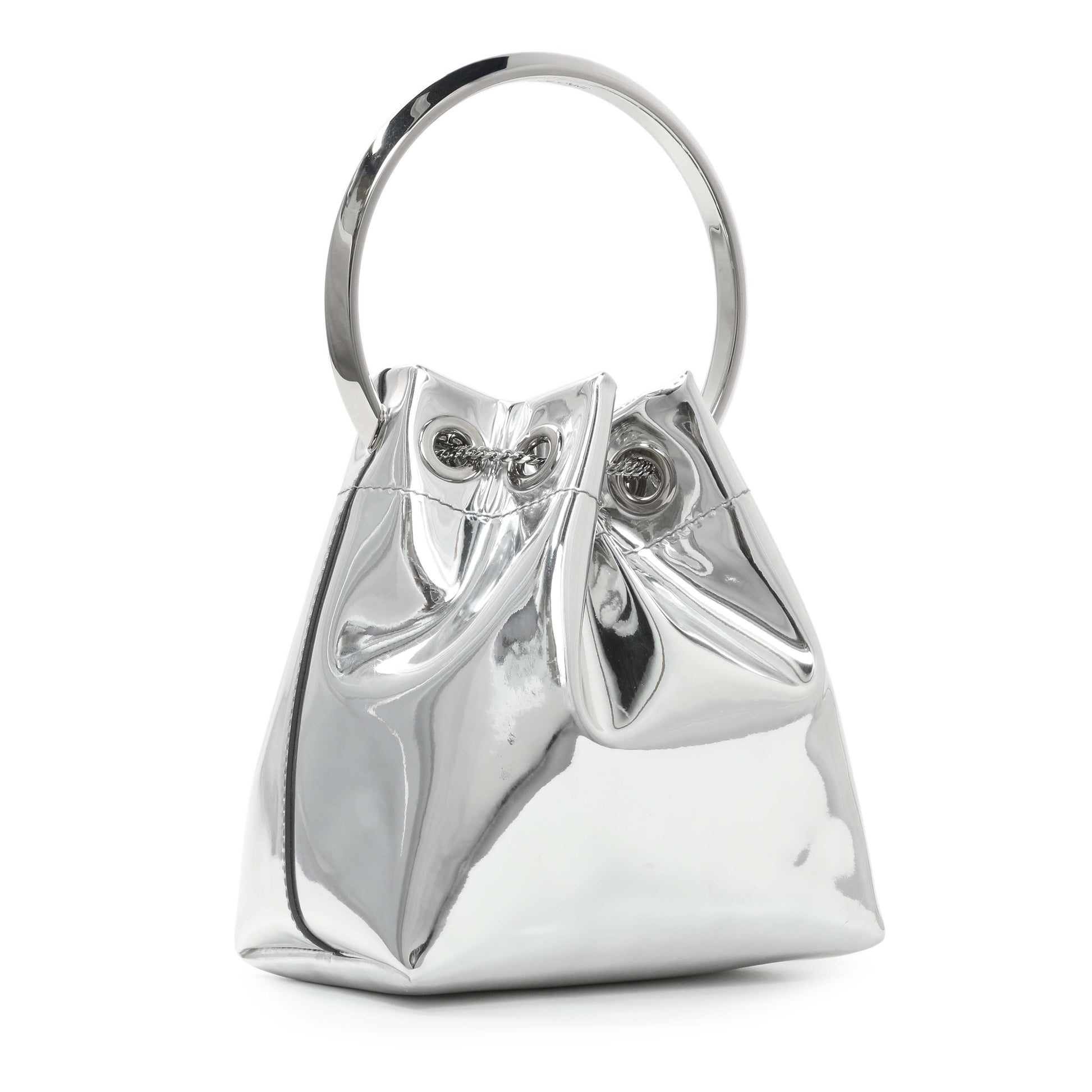 Exclusive Jimmy Choo Silver Bon Bon Mirror Fabric Mini Bag with Metal Handle — Side View