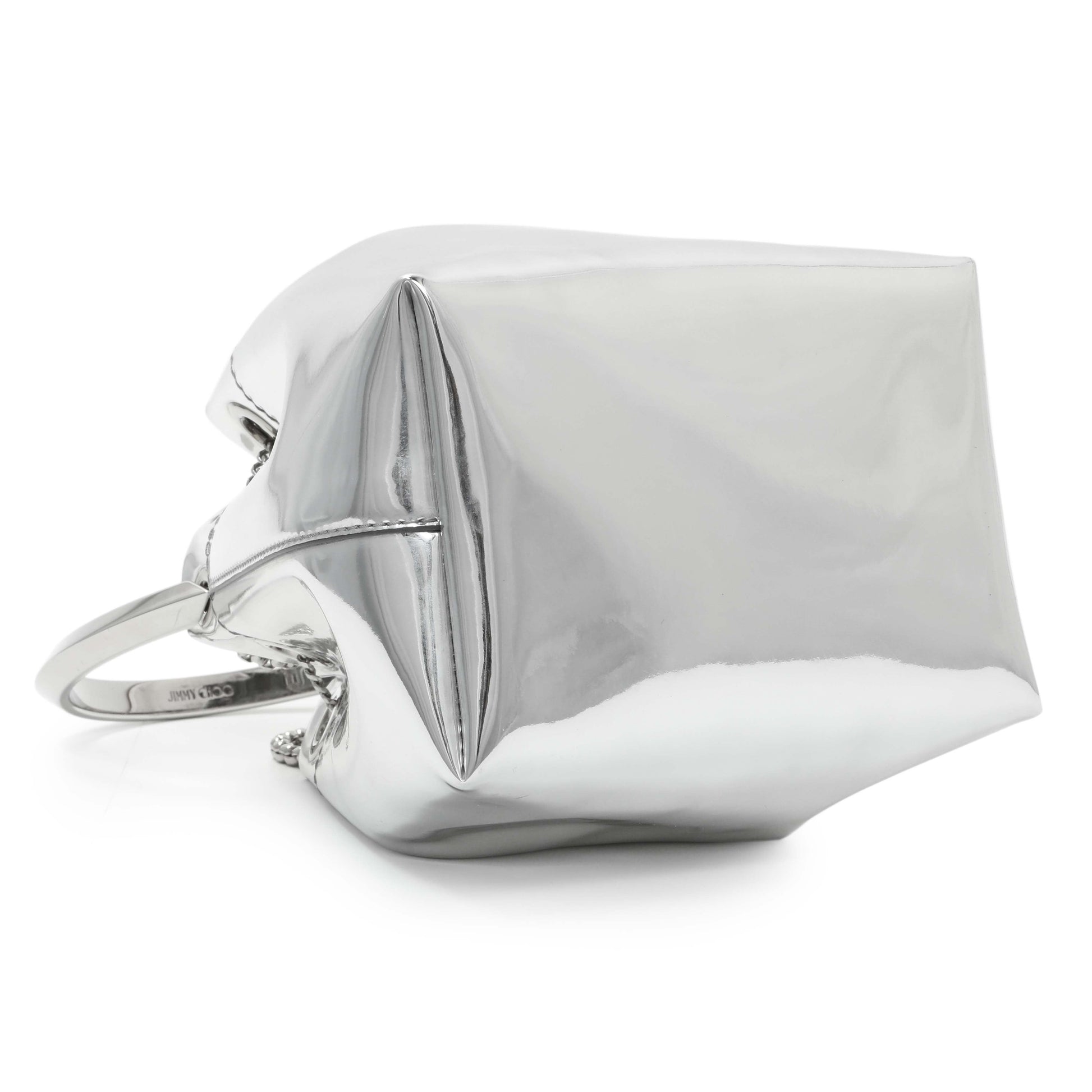 Exclusive Jimmy Choo Silver Bon Bon Mirror Fabric Mini Bag with Metal Handle — Back View