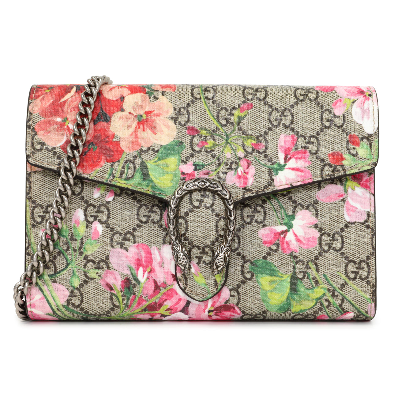 Exclusive Gucci GG Supreme Monogram Blooms Mini Dionysus Chain Wallet — Front View