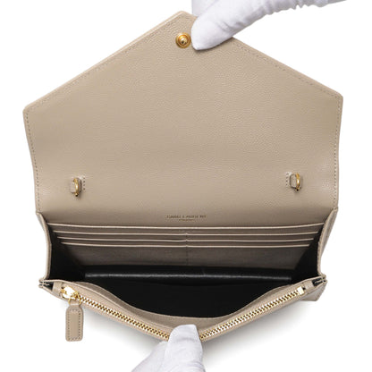 Exclusive Saint Laurent Dark Beige Grain De Poudre Matelasse Chevron Monogram Envelope Chain Wallet — Top View