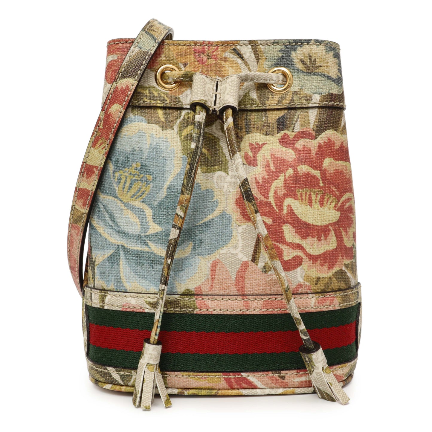 Exclusive Gucci GG Supreme Monogram Water Flora Web Mini Ophidia Bucket Bag — Front View