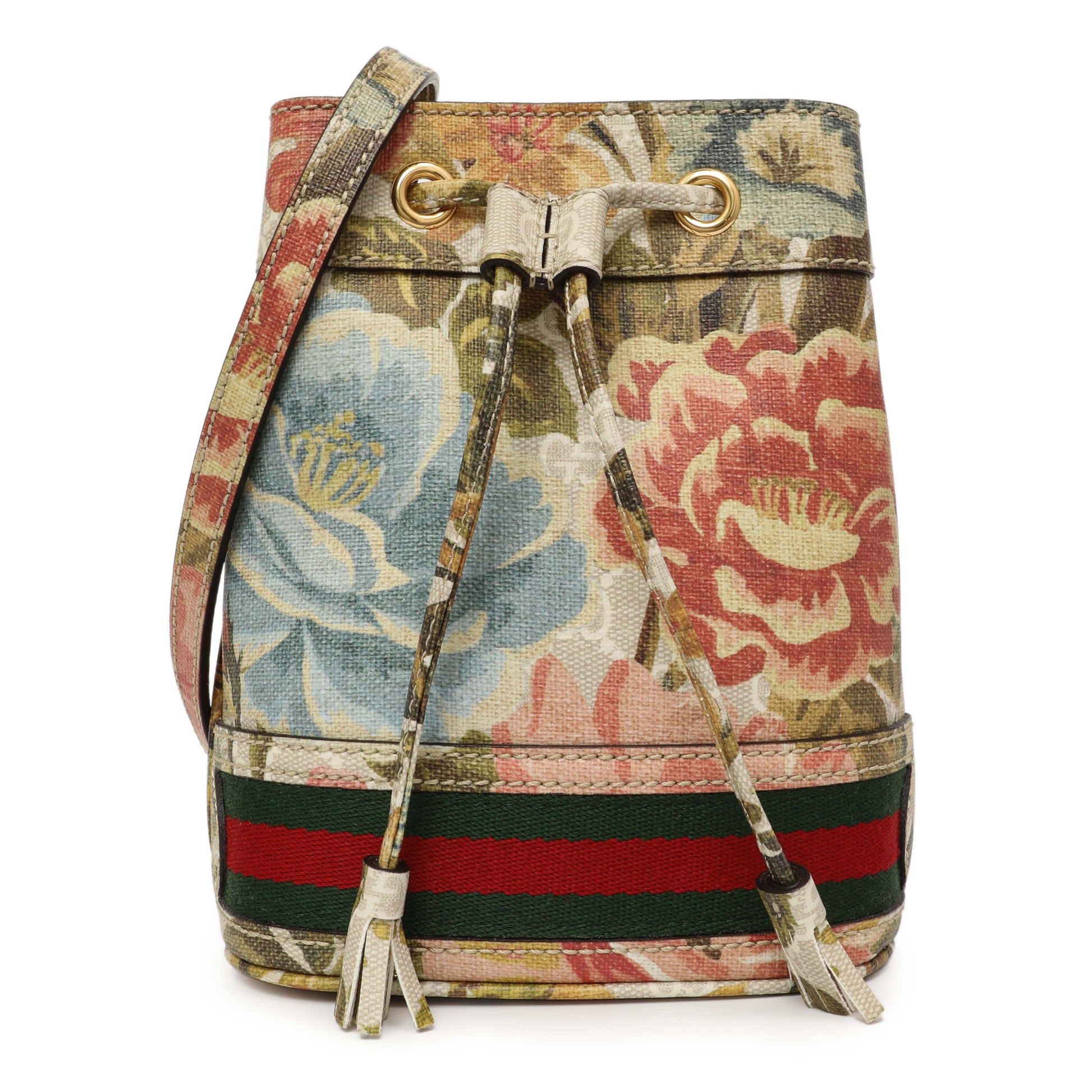 Exclusive Gucci GG Supreme Monogram Water Flora Web Mini Ophidia Bucket Bag — Front View
