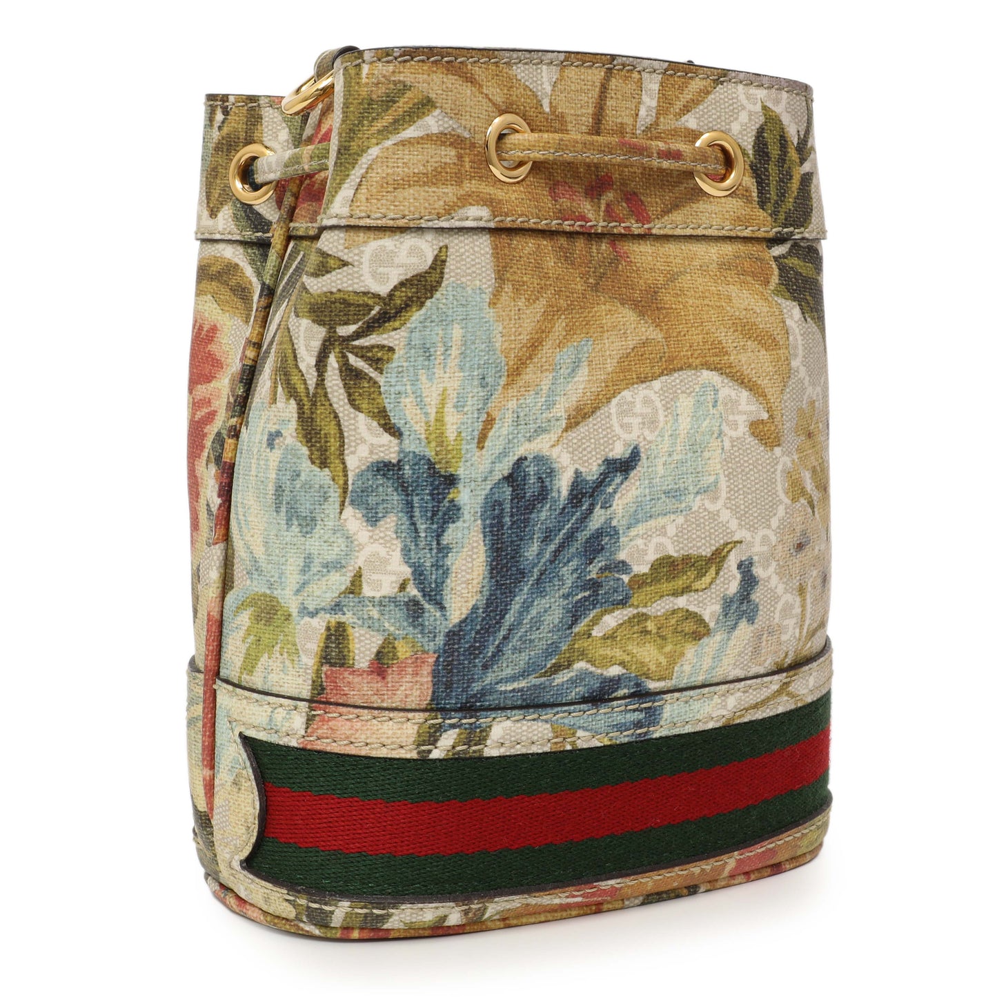 Exclusive Gucci GG Supreme Monogram Water Flora Web Mini Ophidia Bucket Bag — Side View