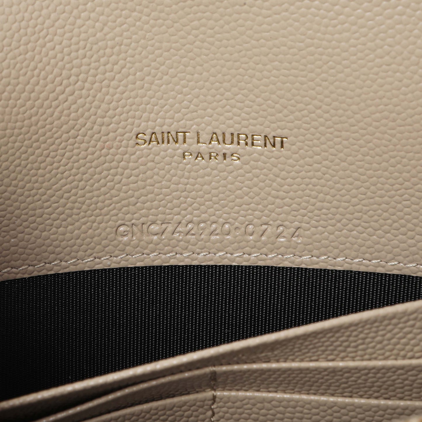 Exclusive Saint Laurent Dark Beige Grain De Poudre Matelasse Chevron Monogram Envelope Chain Wallet — Lifestyle View
