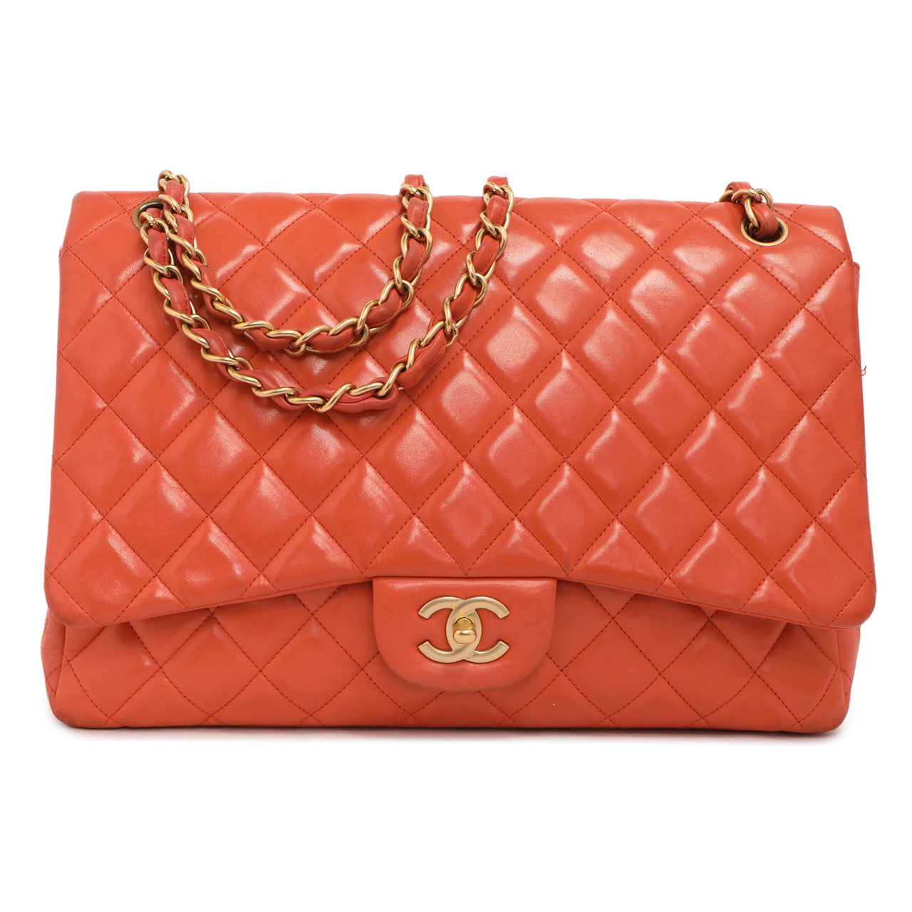 Exclusive Chanel Coral Quilted Lambskin Maxi Classic Single Flap — Front View