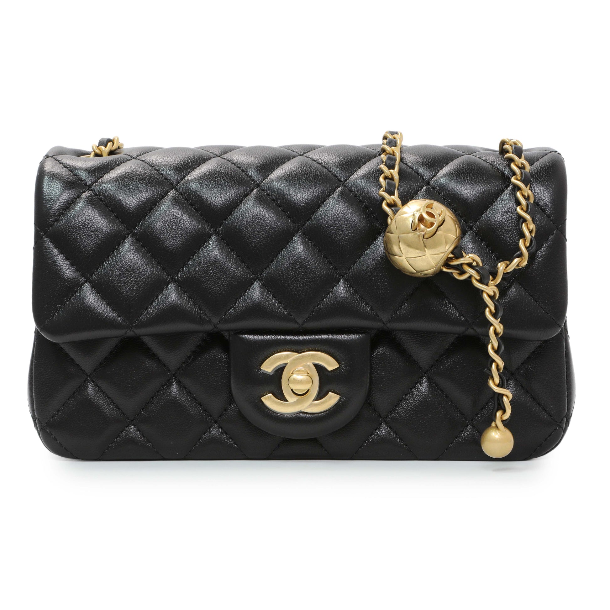 Exclusive Chanel Black Lambskin Quilted Mini Rectangular Pearl Crush Flap — Front View
