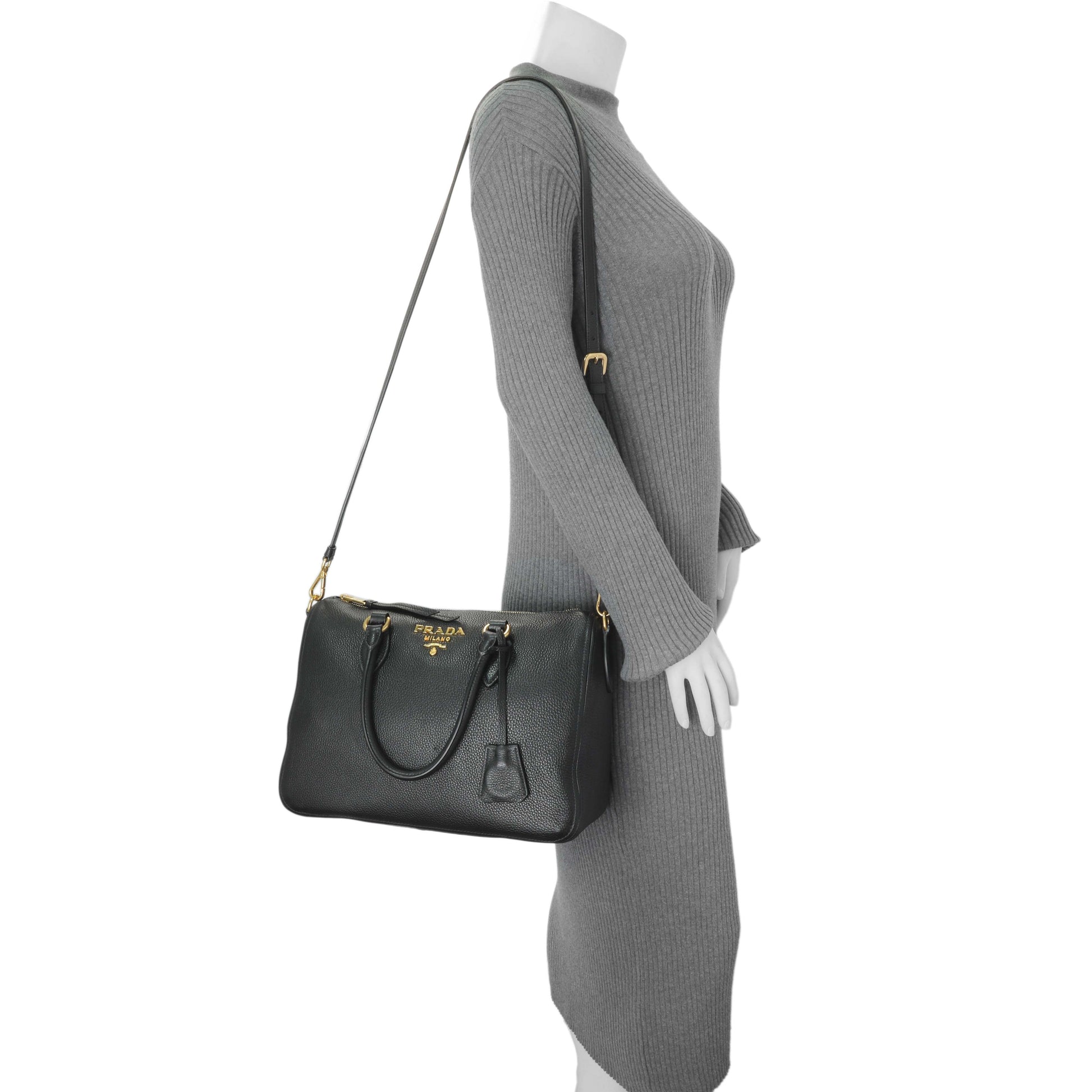 Exclusive Prada Black Vitello Phenix Boston Bag — Lifestyle View