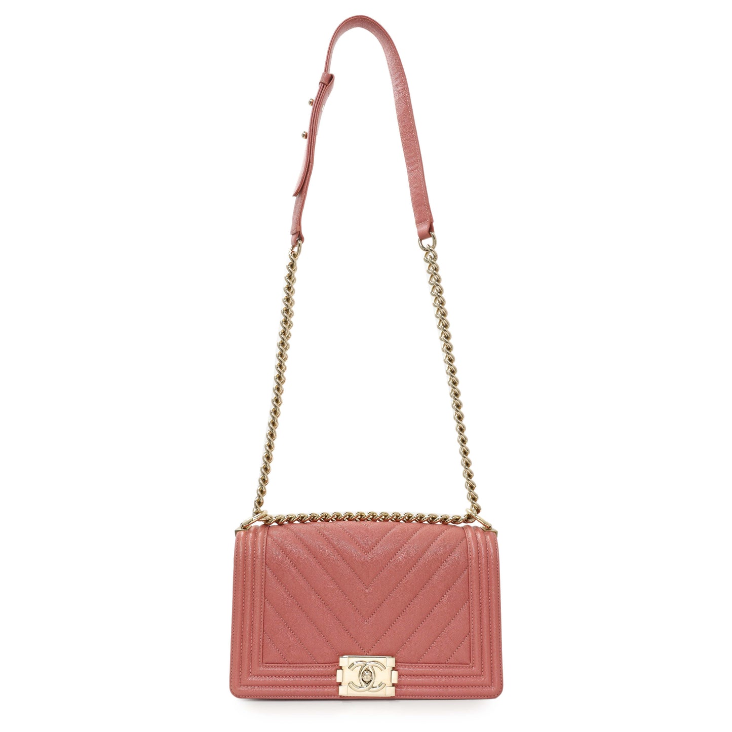 Exclusive Chanel Blush Chevron Quilted Caviar New Medium Boy Flap — Front View