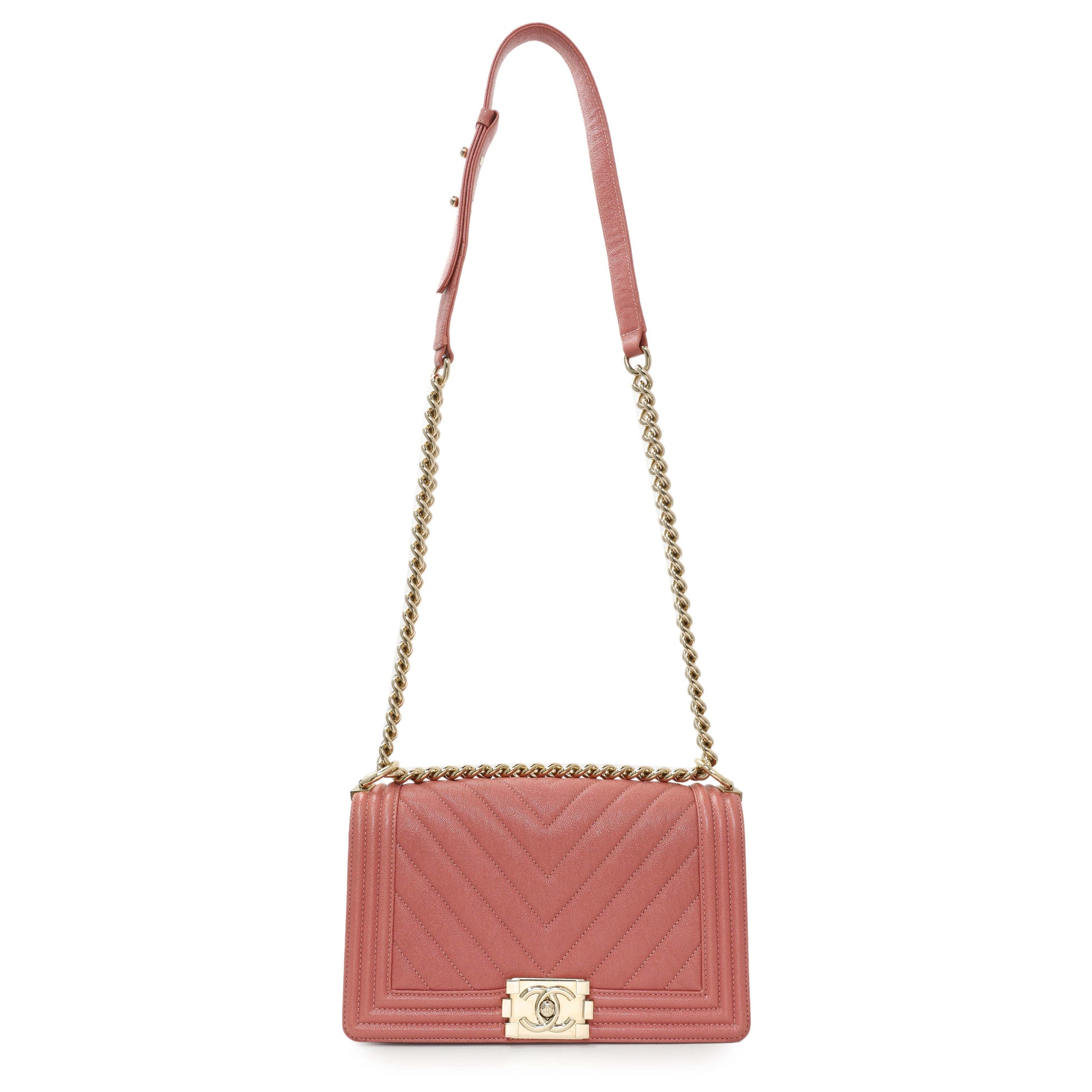 Exclusive Chanel Blush Chevron Quilted Caviar New Medium Boy Flap — Front View