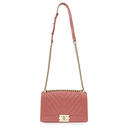 Exclusive Chanel Blush Chevron Quilted Caviar New Medium Boy Flap — Front View