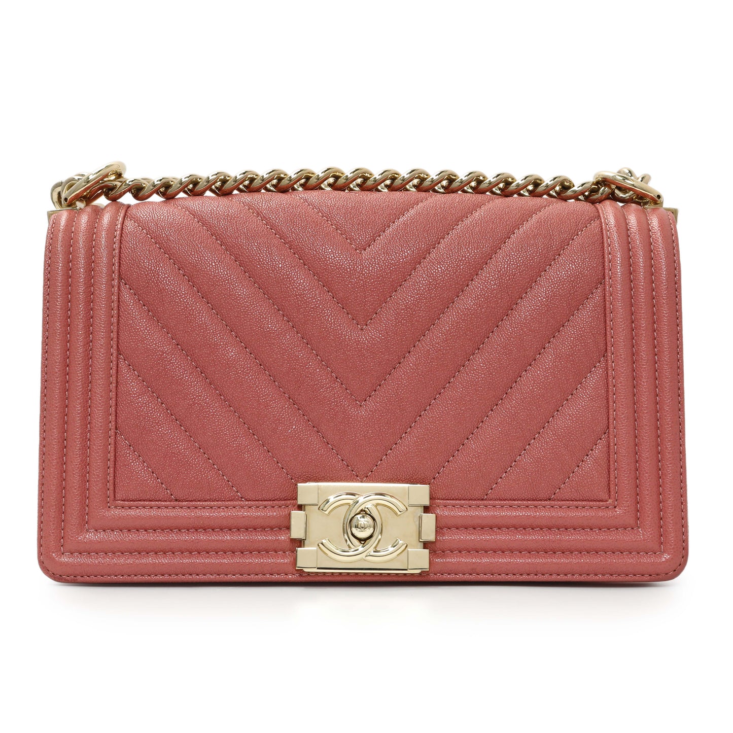 Exclusive Chanel Blush Chevron Quilted Caviar New Medium Boy Flap — Side View