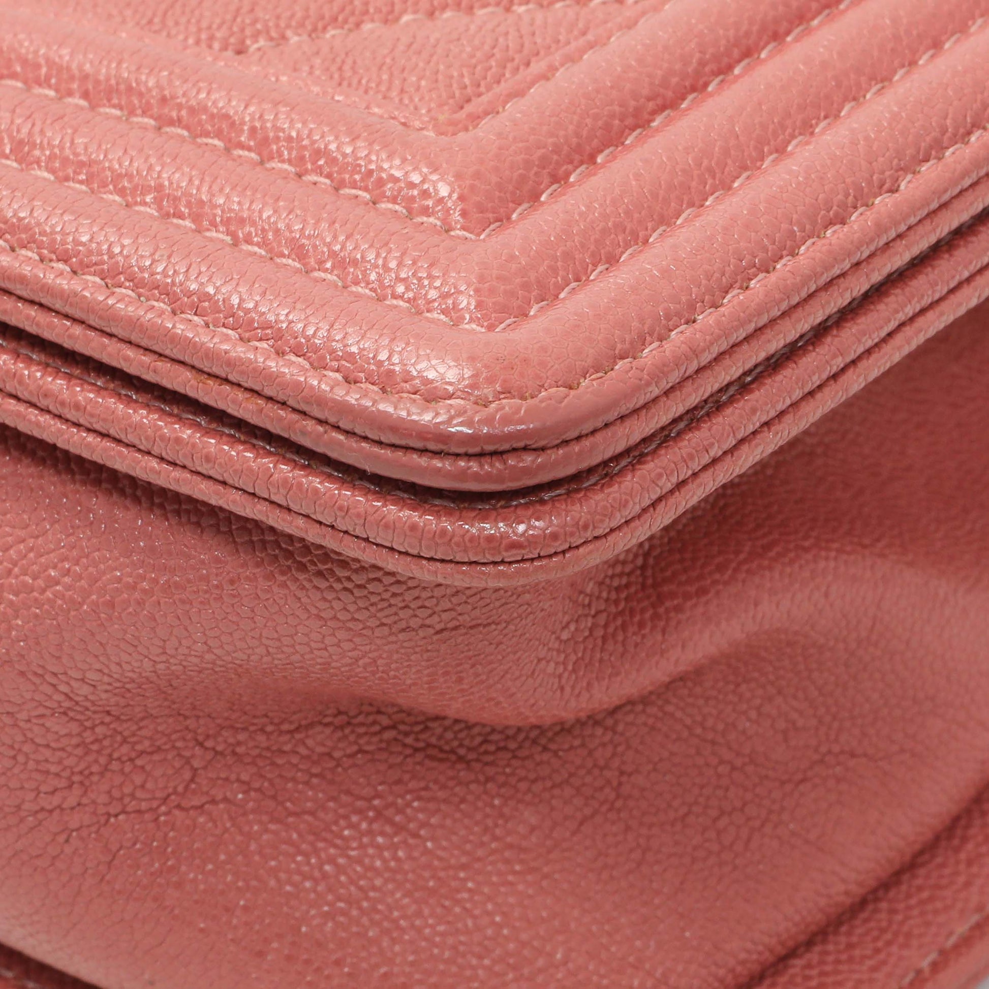 Exclusive Chanel Blush Chevron Quilted Caviar New Medium Boy Flap — Detail View