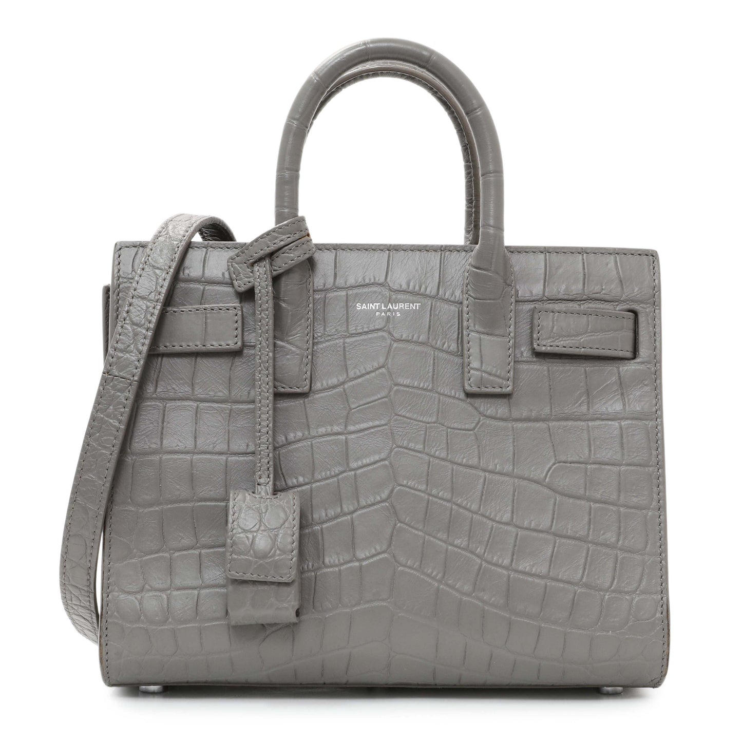 Exclusive Saint Laurent Grey Calfskin Crocodile Embossed Nano Sac De Jour — Front View