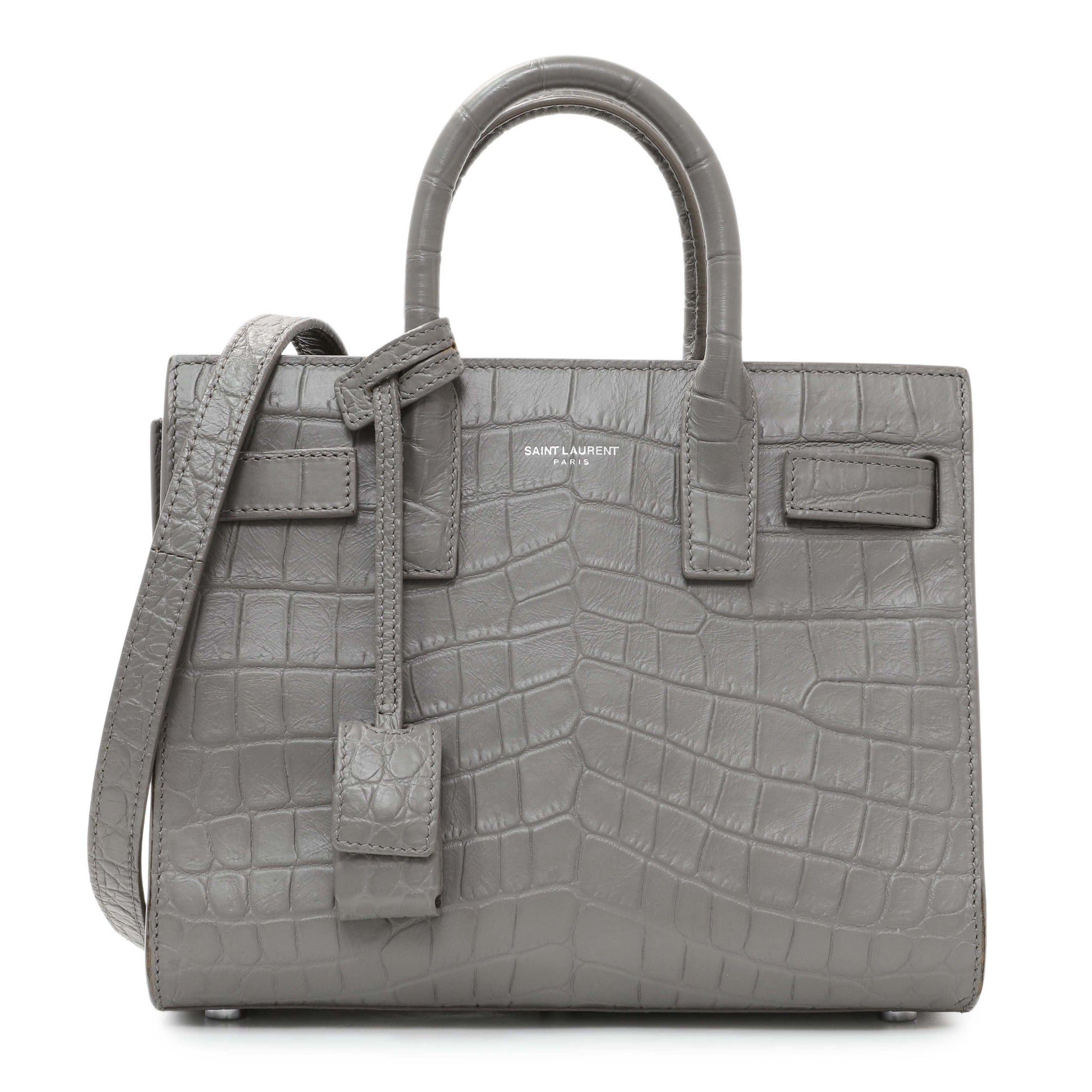 Exclusive Saint Laurent Grey Calfskin Crocodile Embossed Nano Sac De Jour — Front View