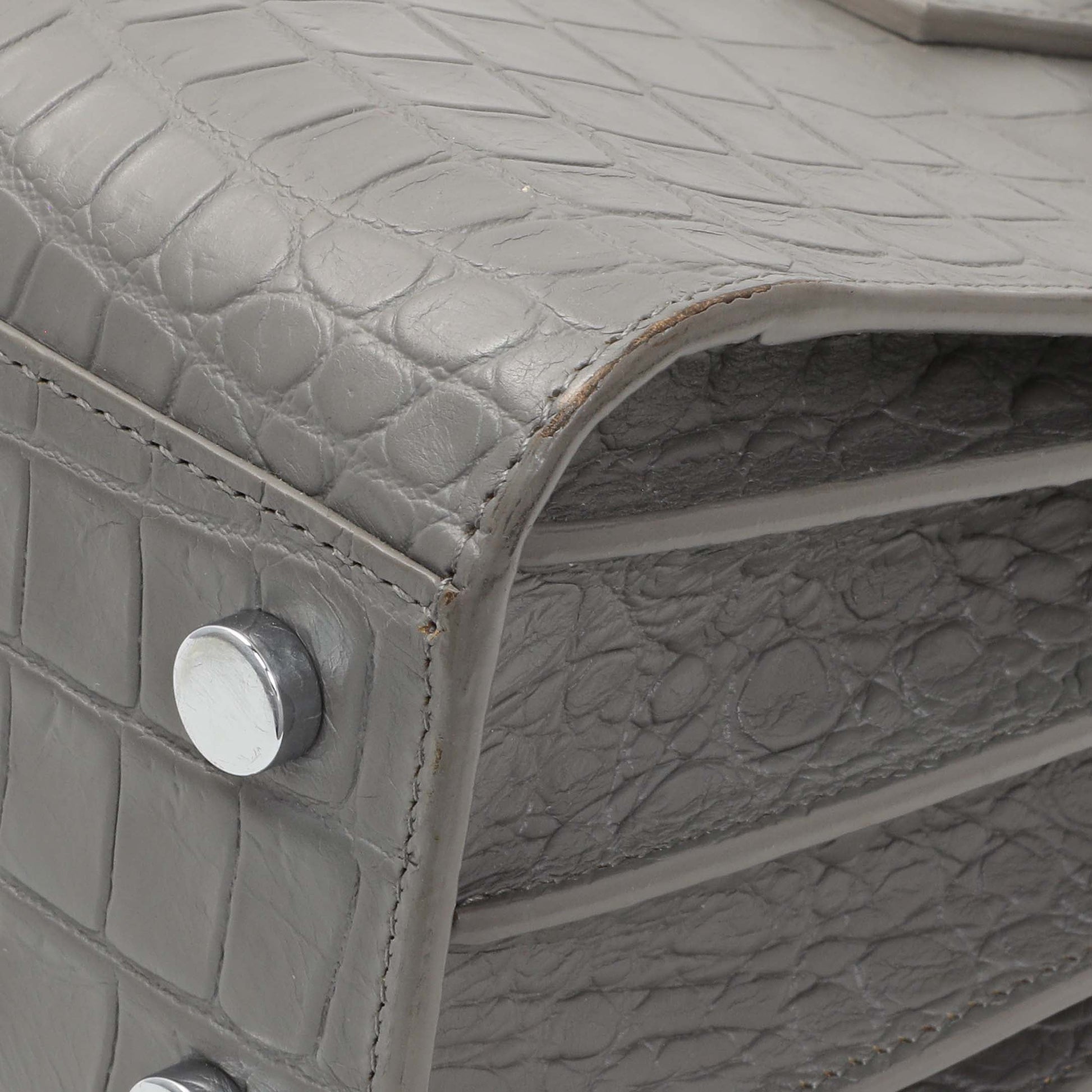 Exclusive Saint Laurent Grey Calfskin Crocodile Embossed Nano Sac De Jour — Detail View
