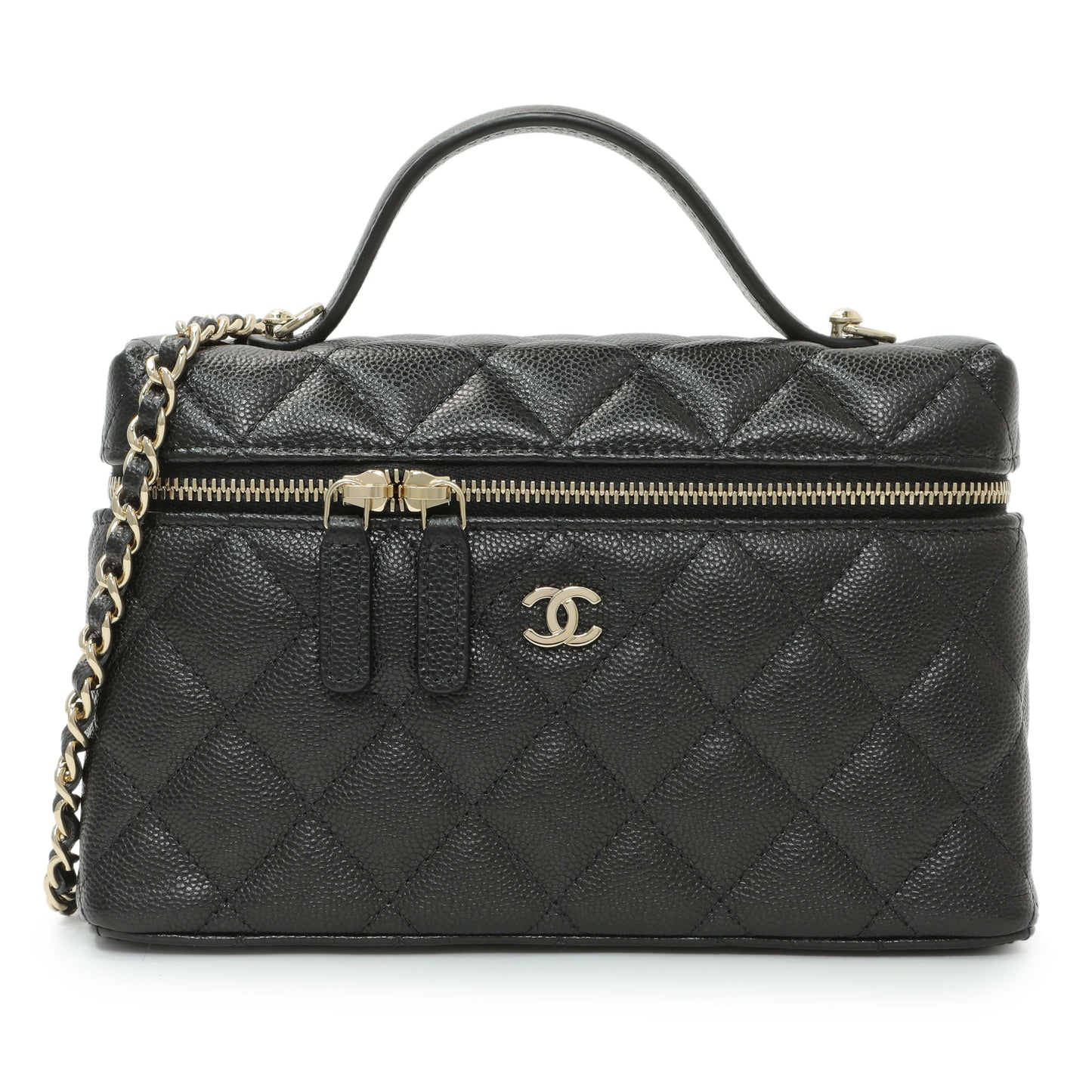 Exclusive Chanel Black Quilted Caviar Top Handle Slim Vanity With Chain — Front View