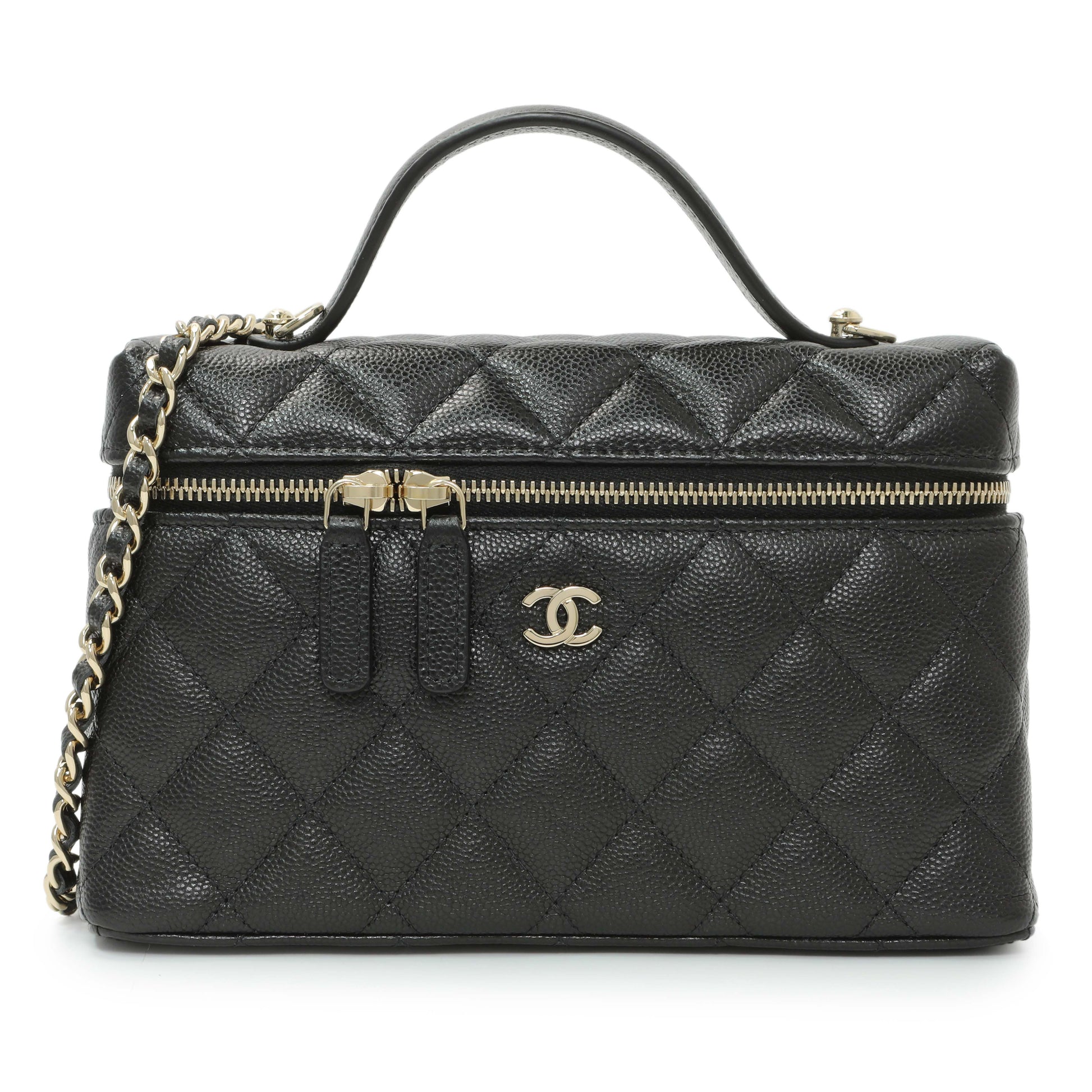 Exclusive Chanel Black Quilted Caviar Top Handle Slim Vanity With Chain — Front View