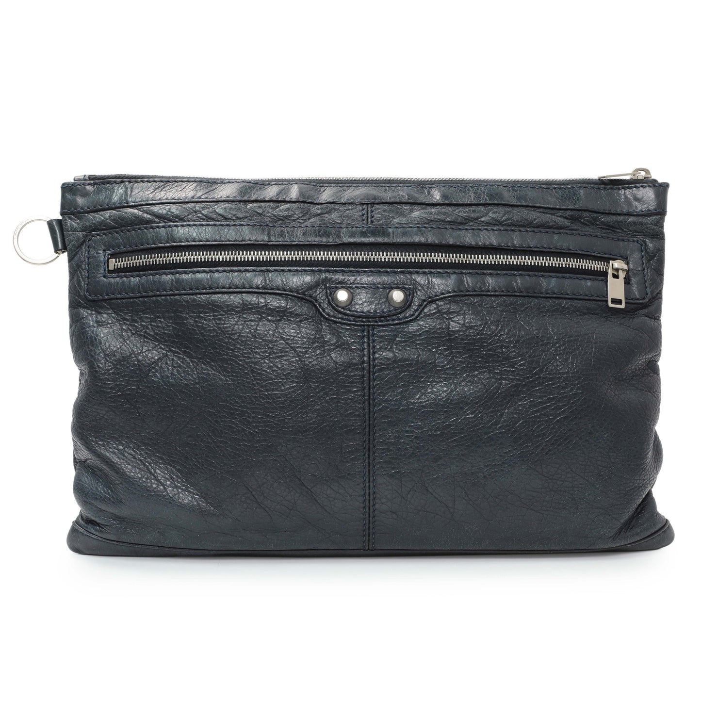 Exclusive Balenciaga Navy Agneau Arena Classic Silver Hardware Large Clip Clutch — Front View