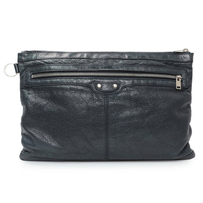 Exclusive Balenciaga Navy Agneau Arena Classic Silver Hardware Large Clip Clutch — Front View