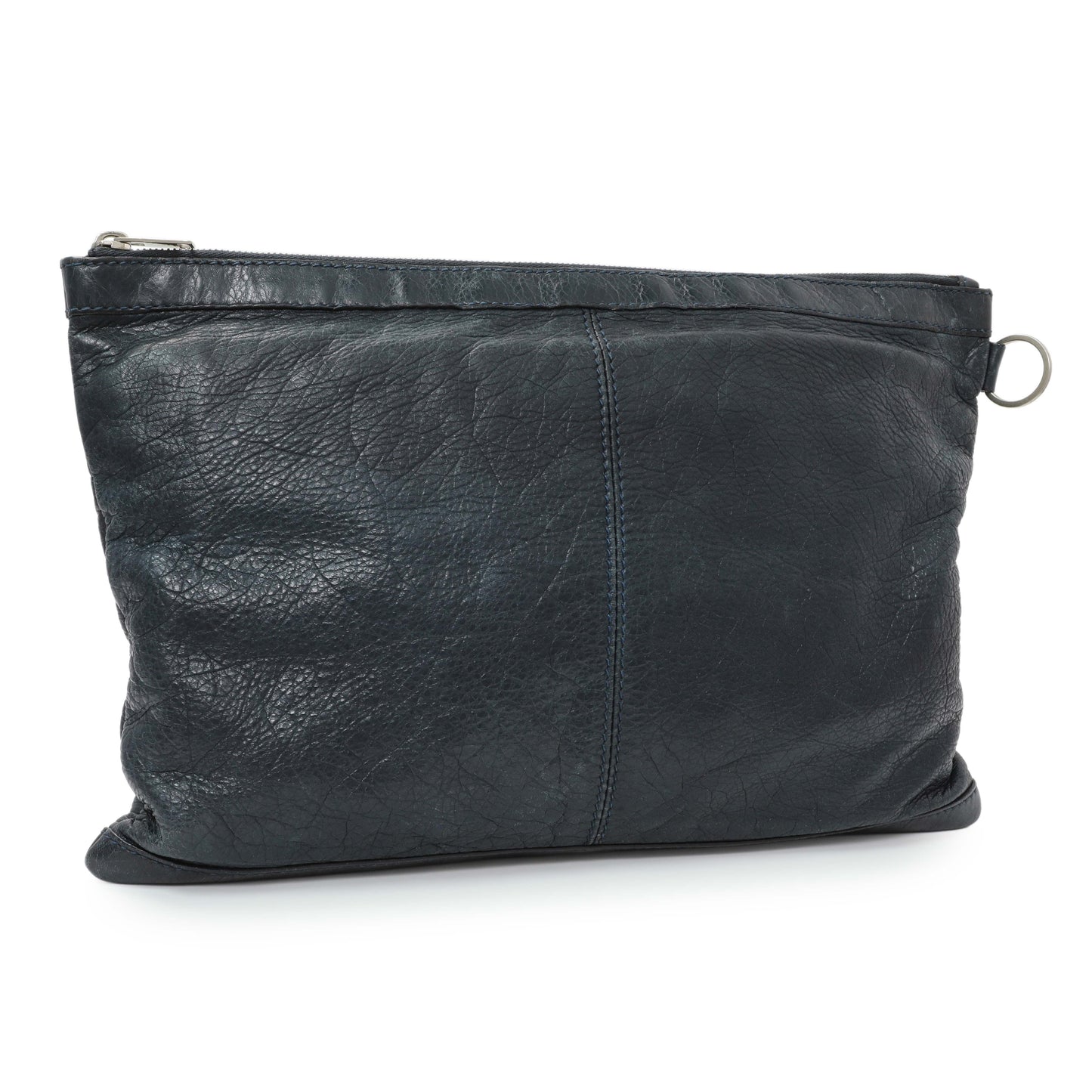 Exclusive Balenciaga Navy Agneau Arena Classic Silver Hardware Large Clip Clutch — Side View