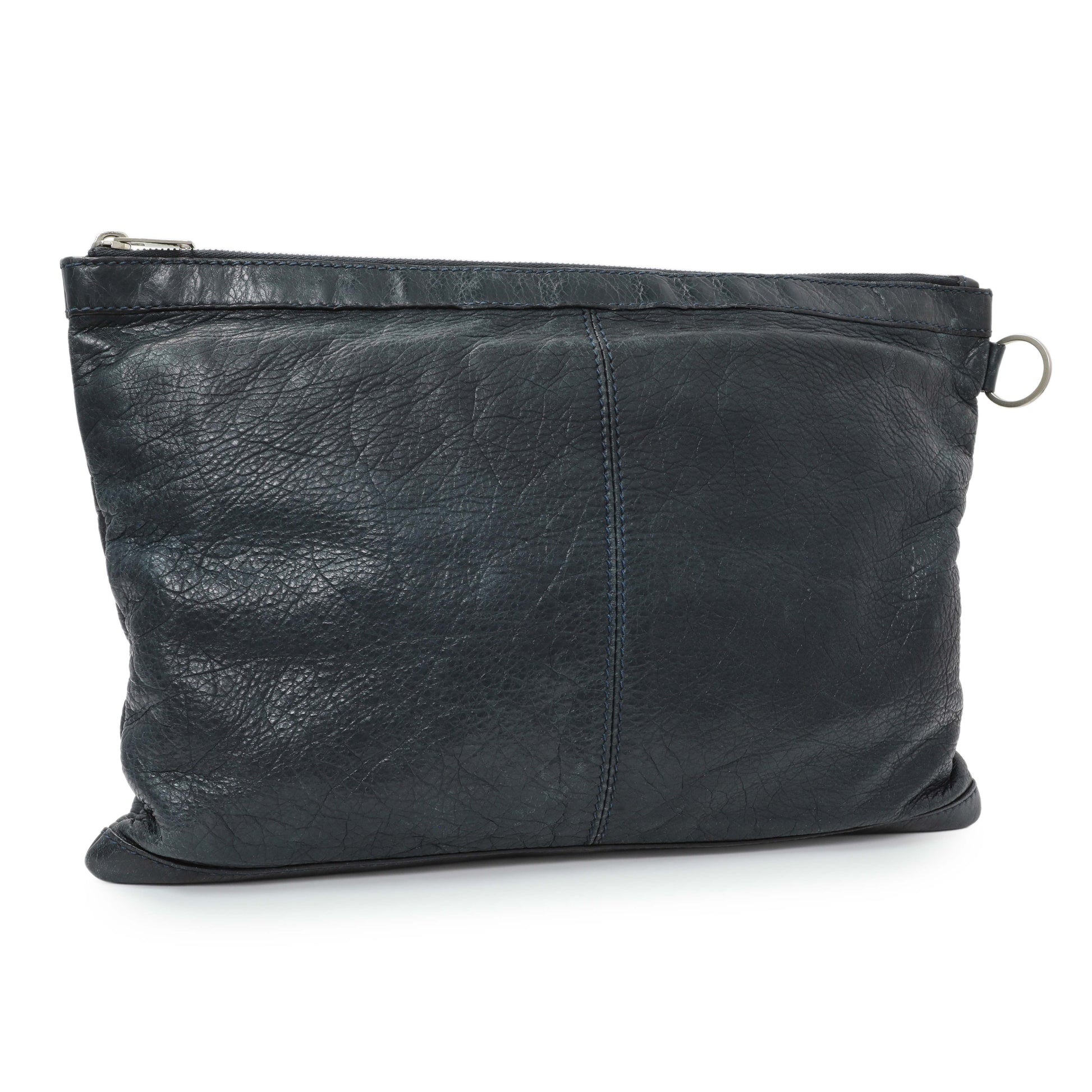 Exclusive Balenciaga Navy Agneau Arena Classic Silver Hardware Large Clip Clutch — Side View