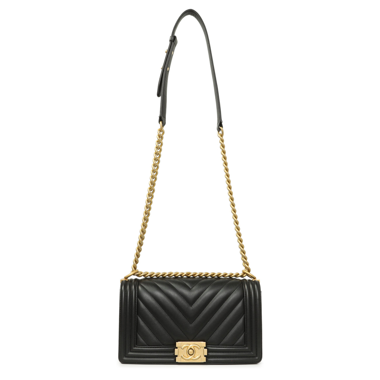 Exclusive Chanel Black Calfskin Chevron Quilted Medium Boy Bag — Front View