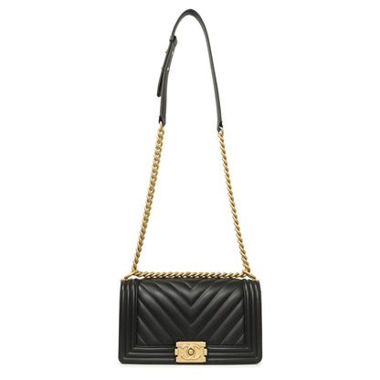 Exclusive Chanel Black Calfskin Chevron Quilted Medium Boy Bag — Front View