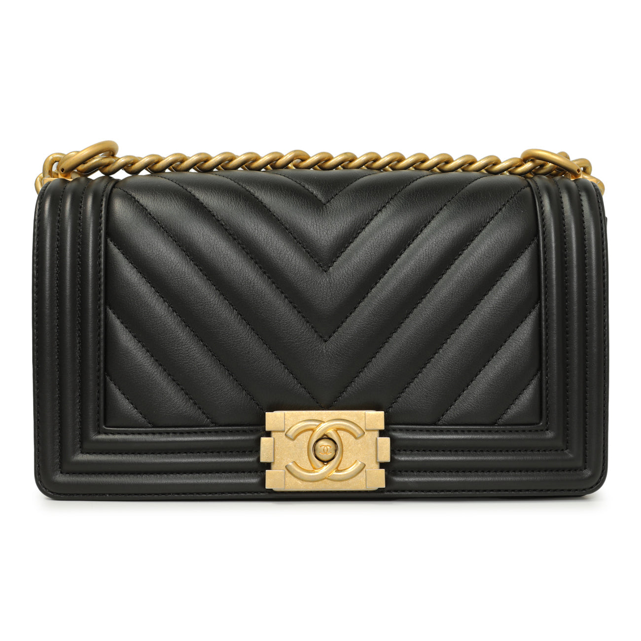 Exclusive Chanel Black Calfskin Chevron Quilted Medium Boy Bag — Side View