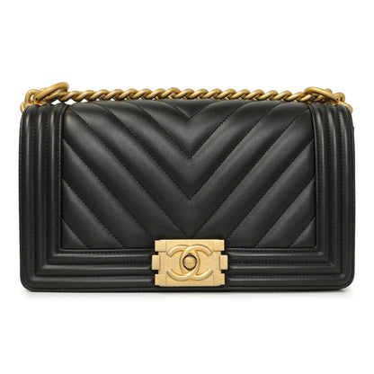 Exclusive Chanel Black Calfskin Chevron Quilted Medium Boy Bag — Side View