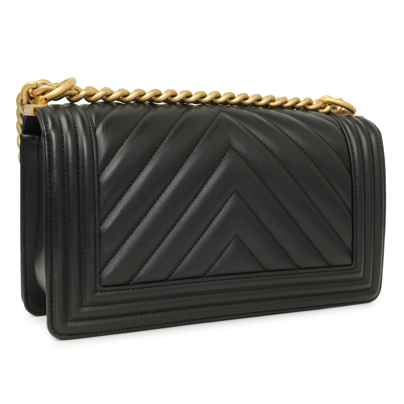 Exclusive Chanel Black Calfskin Chevron Quilted Medium Boy Bag — Back View