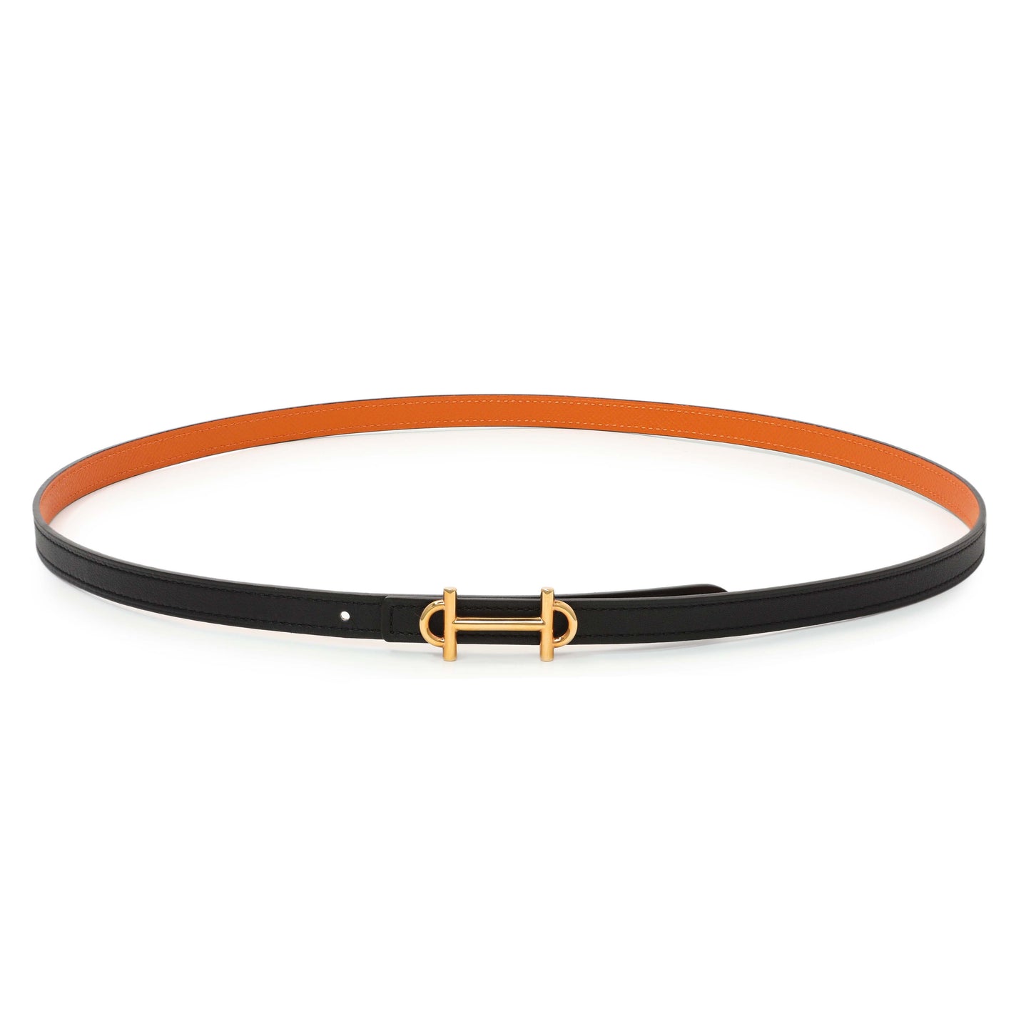Exclusive Hermes Black Orange Swift Epsom 13mm Reversible Gamma Belt — Front View