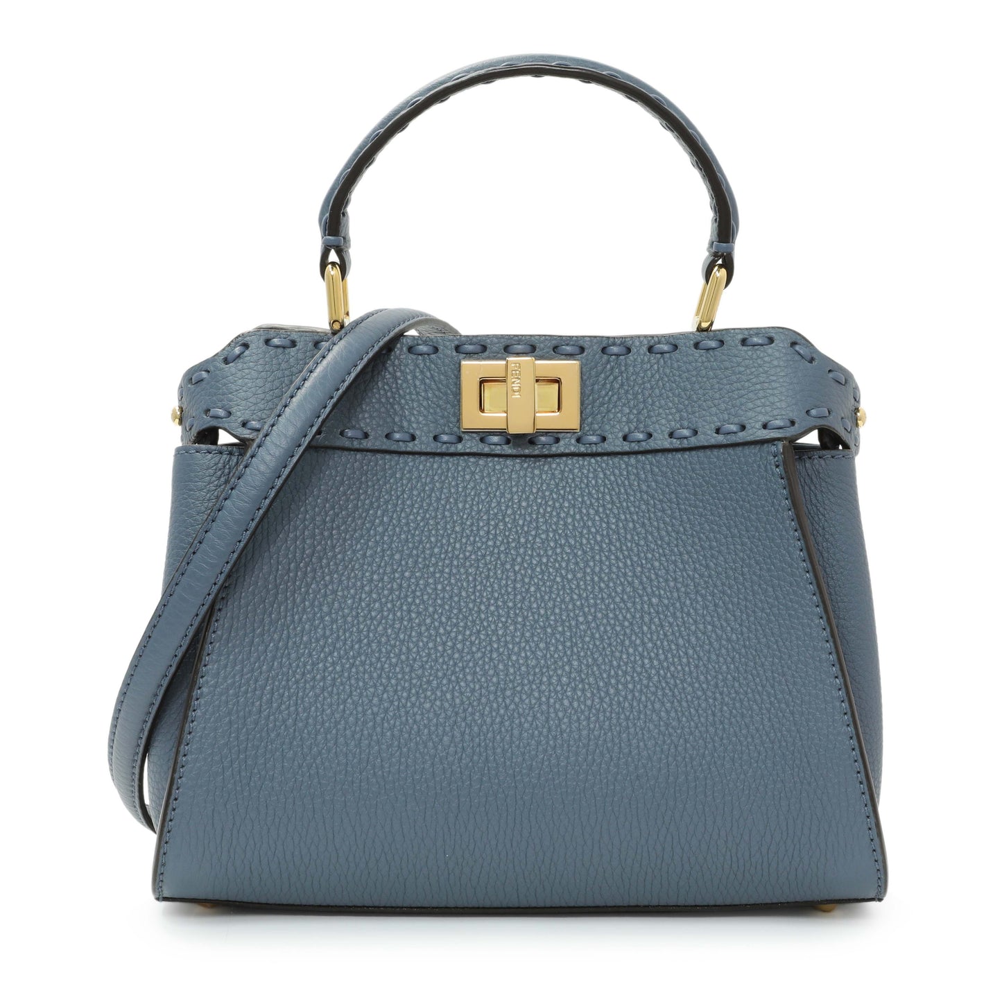 Exclusive Fendi Blue Cuoio Romano Selleria Mini Peekaboo Iconic Satchel — Front View