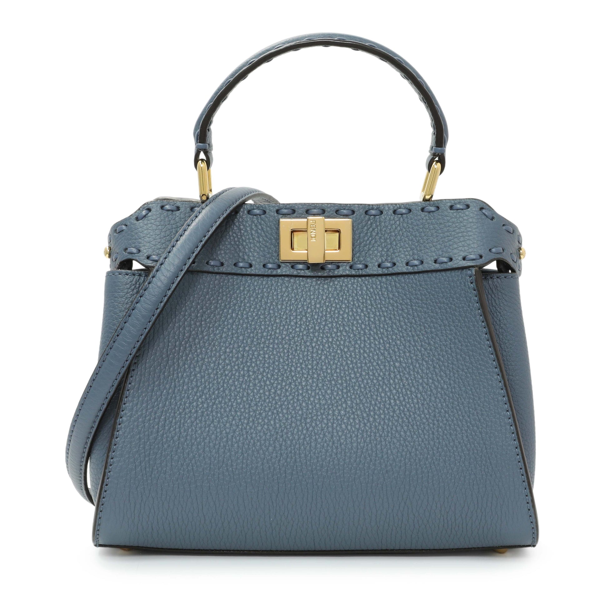 Exclusive Fendi Blue Cuoio Romano Selleria Mini Peekaboo Iconic Satchel — Front View