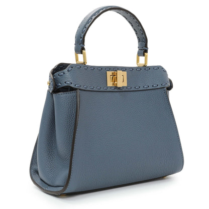 Exclusive Fendi Blue Cuoio Romano Selleria Mini Peekaboo Iconic Satchel — Side View