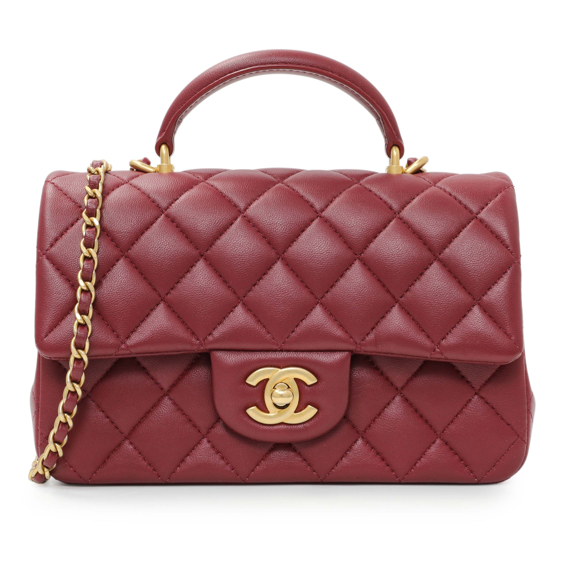 Exclusive Chanel Burgundy Lambskin Quilted Mini Top Handle Rectangular Flap — Front View