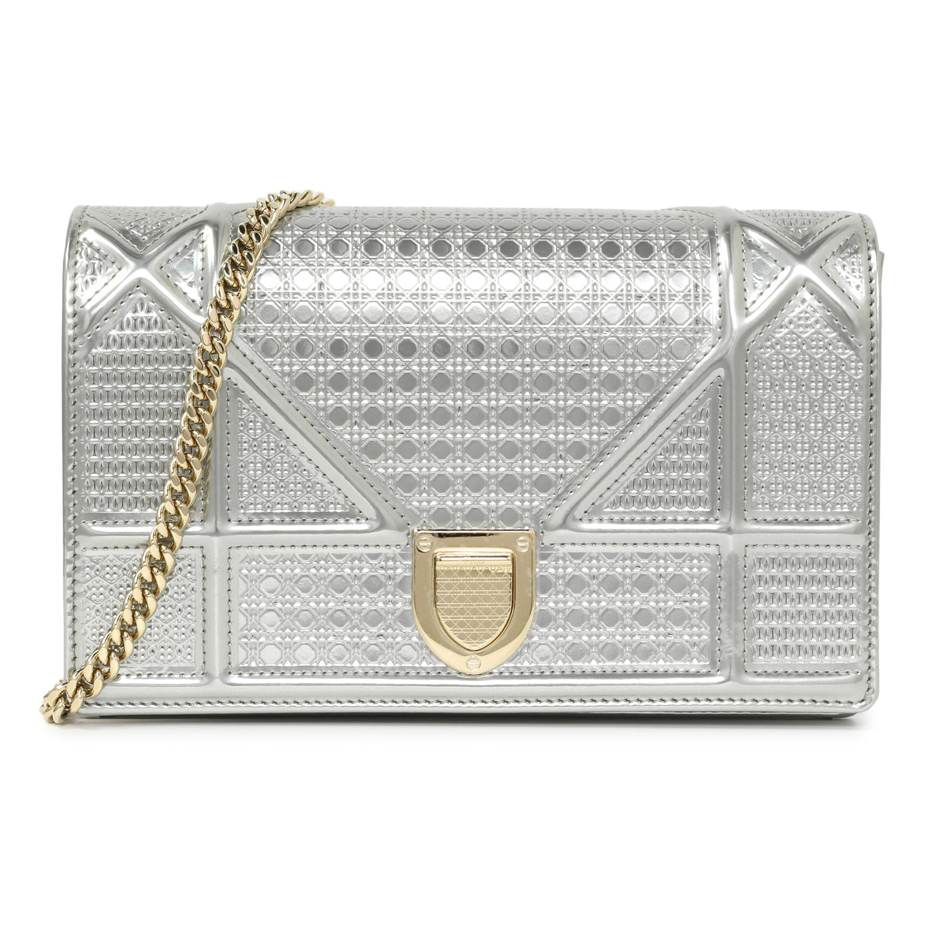Exclusive Christian Dior Silver Patent Micro-Cannage Diorama Wallet on Chain — Front View