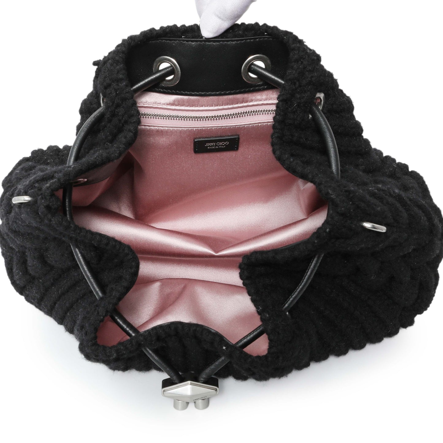 Exclusive Jimmy Choo Black Knitted Medium Cinch Shoulder Bag — Top View