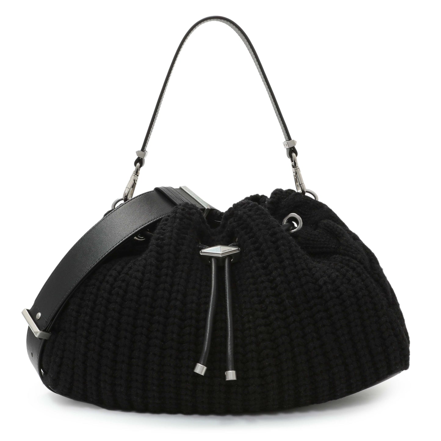 Exclusive Jimmy Choo Black Knitted Medium Cinch Shoulder Bag — Front View
