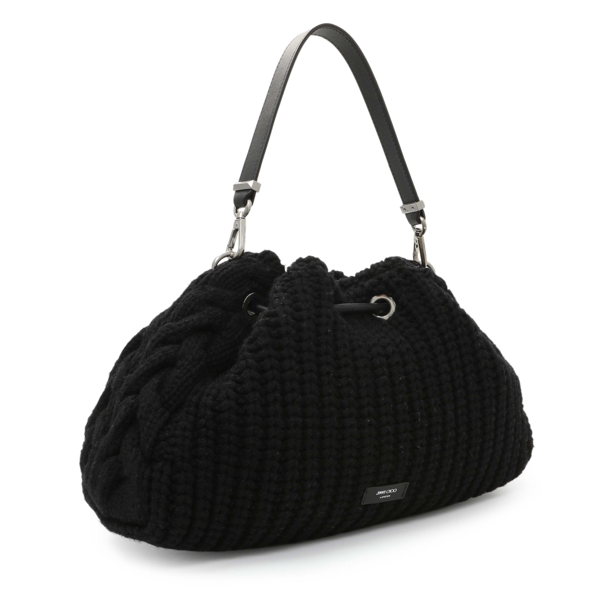 Exclusive Jimmy Choo Black Knitted Medium Cinch Shoulder Bag — Side View